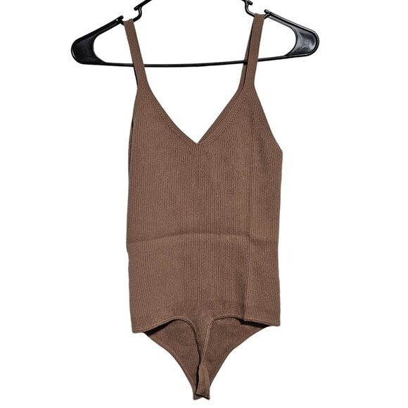 Abercrombie & Fitch Brown Ribbed Bodysuit Womens Size Large V-Neck Straps - Picture 2 of 6
